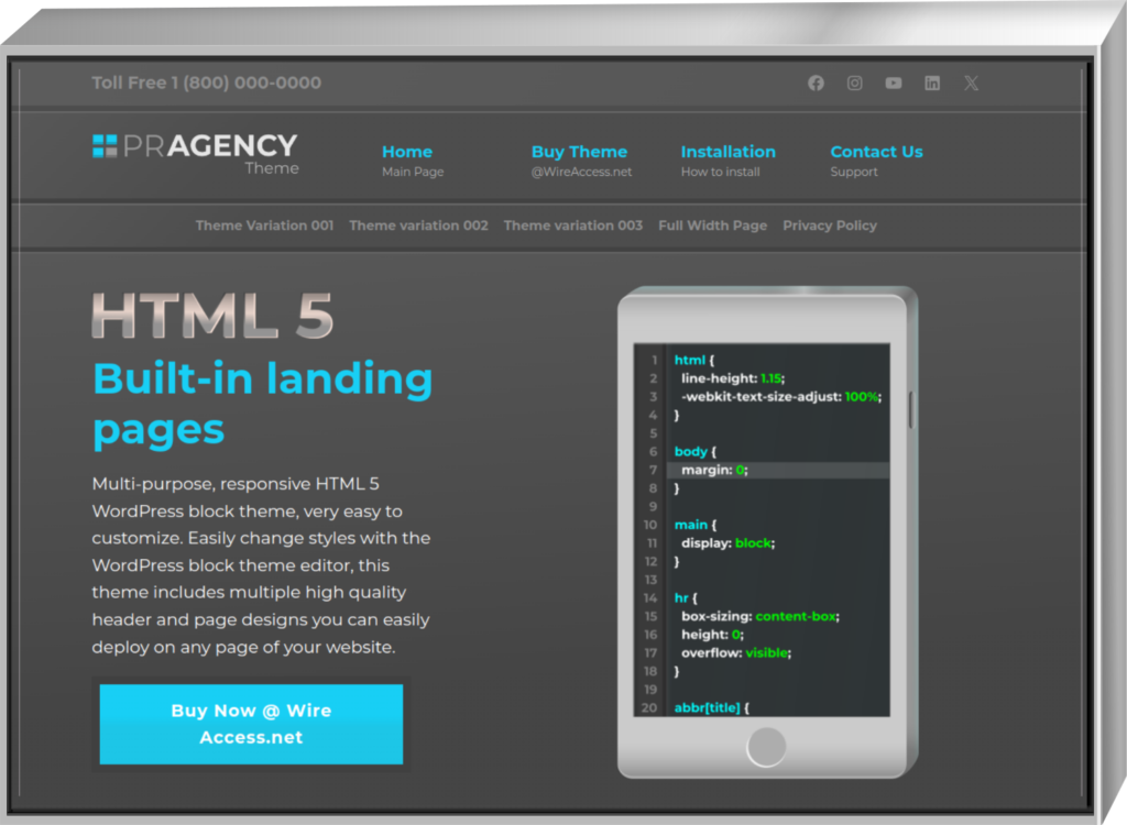 PR Agency HTML5 WordPress Block Theme - screenshot - blue variation - built in landing pages