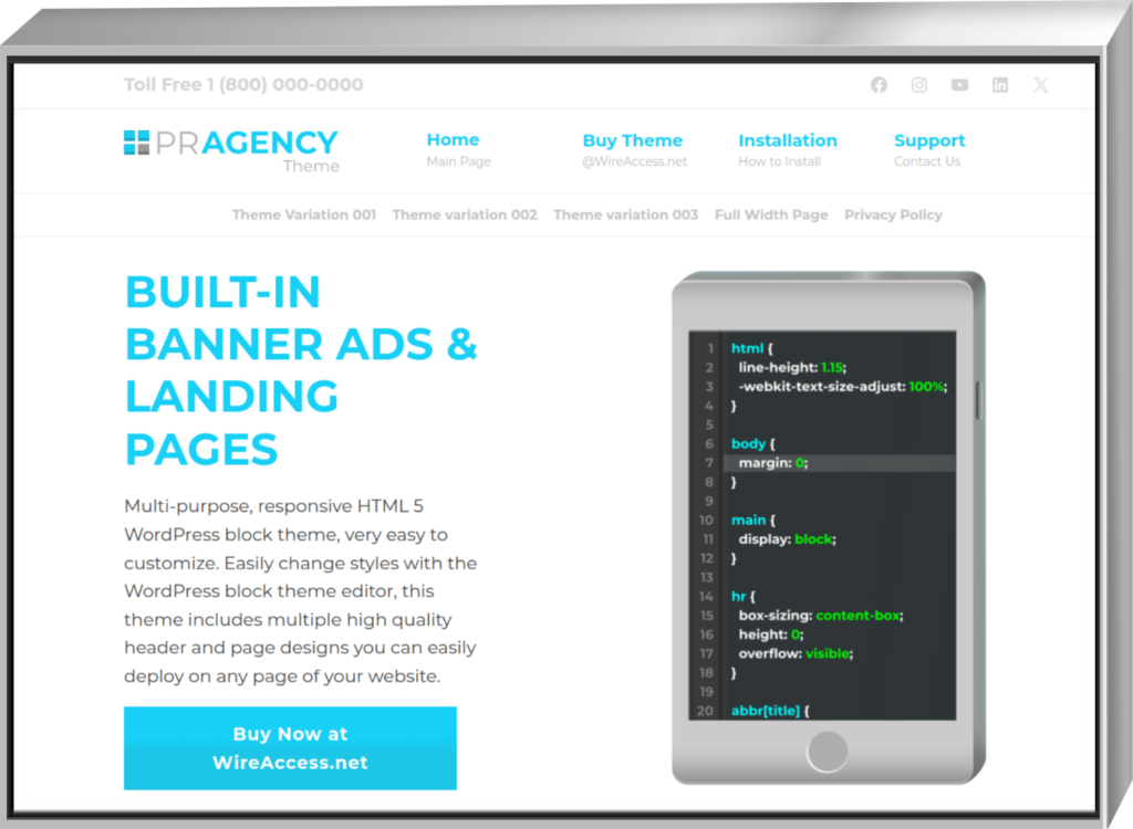 PR Agency HTML5 WordPress Block Theme - screenshot - white background - built in banner ads and landing pages