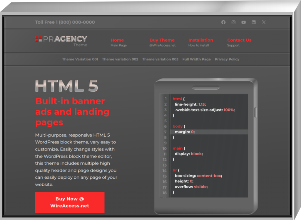 PR Agency HTML5 WordPress Block Theme - screenshot - built in banner ads and landing pages.