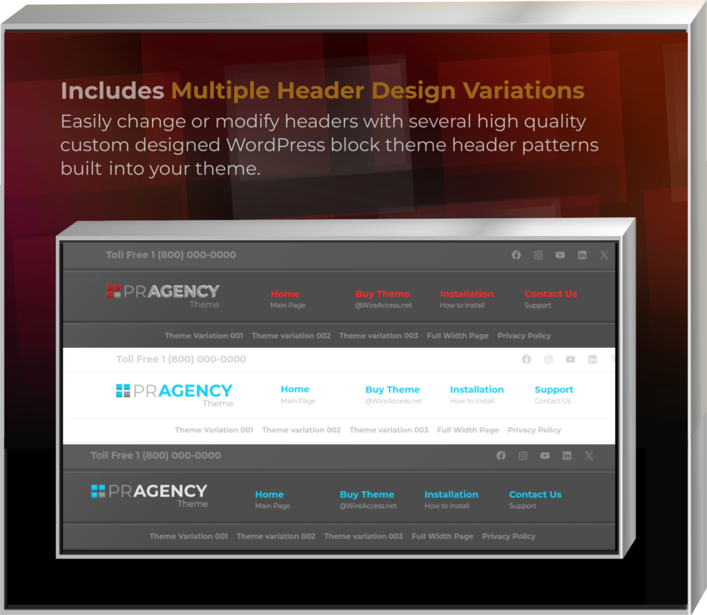 PR Agency HTML5 WordPress Block Theme - Includes multiple header design variations